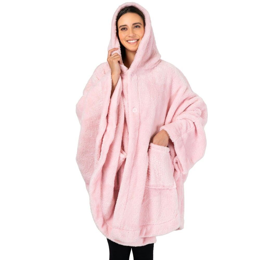 Angel Wrap Hooded Blanket Poncho, Wearable Blanket Throw Wrap Poncho  Light Pink